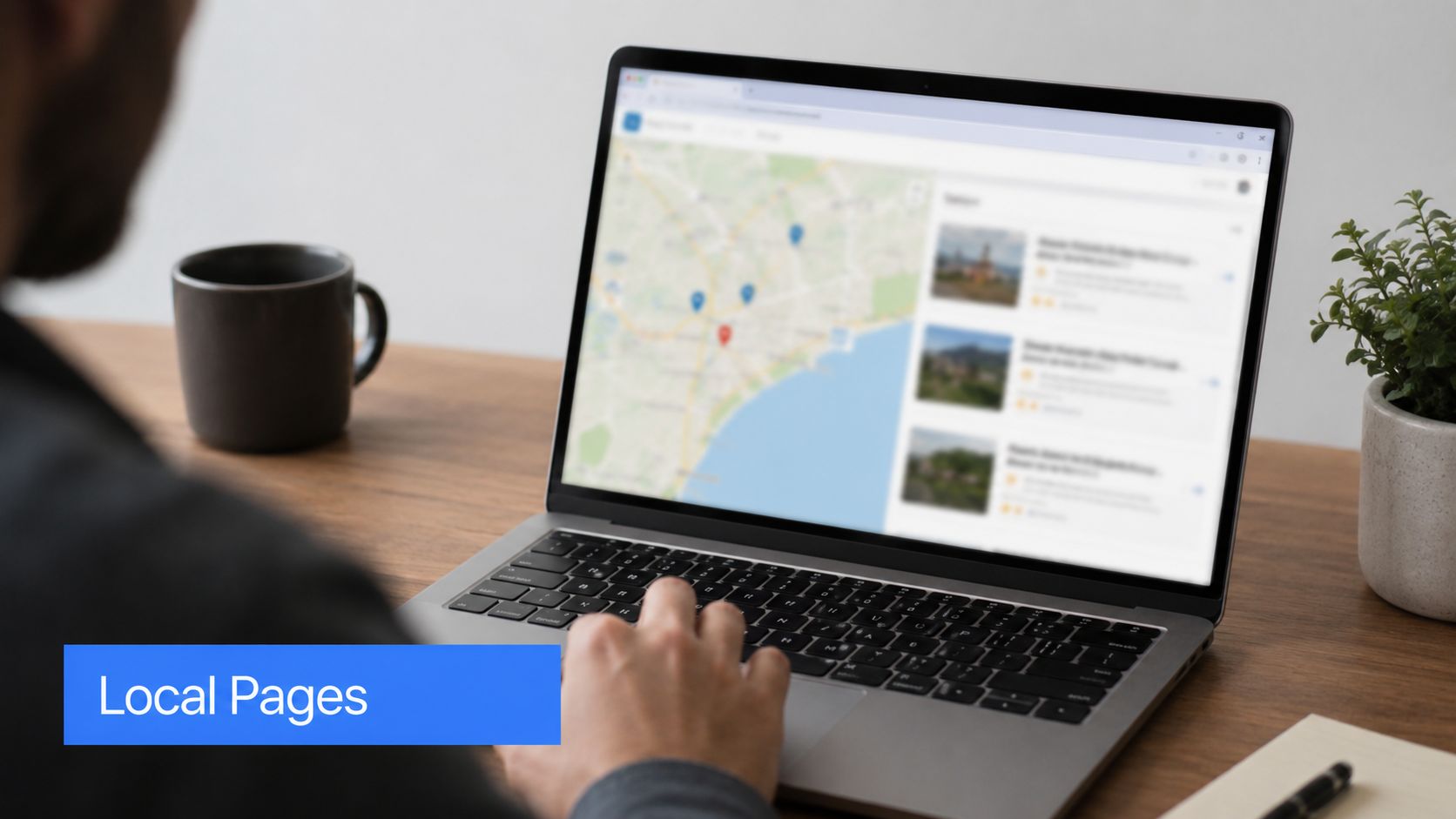 A person using a laptop to view local search results and map markers on their computer screen.