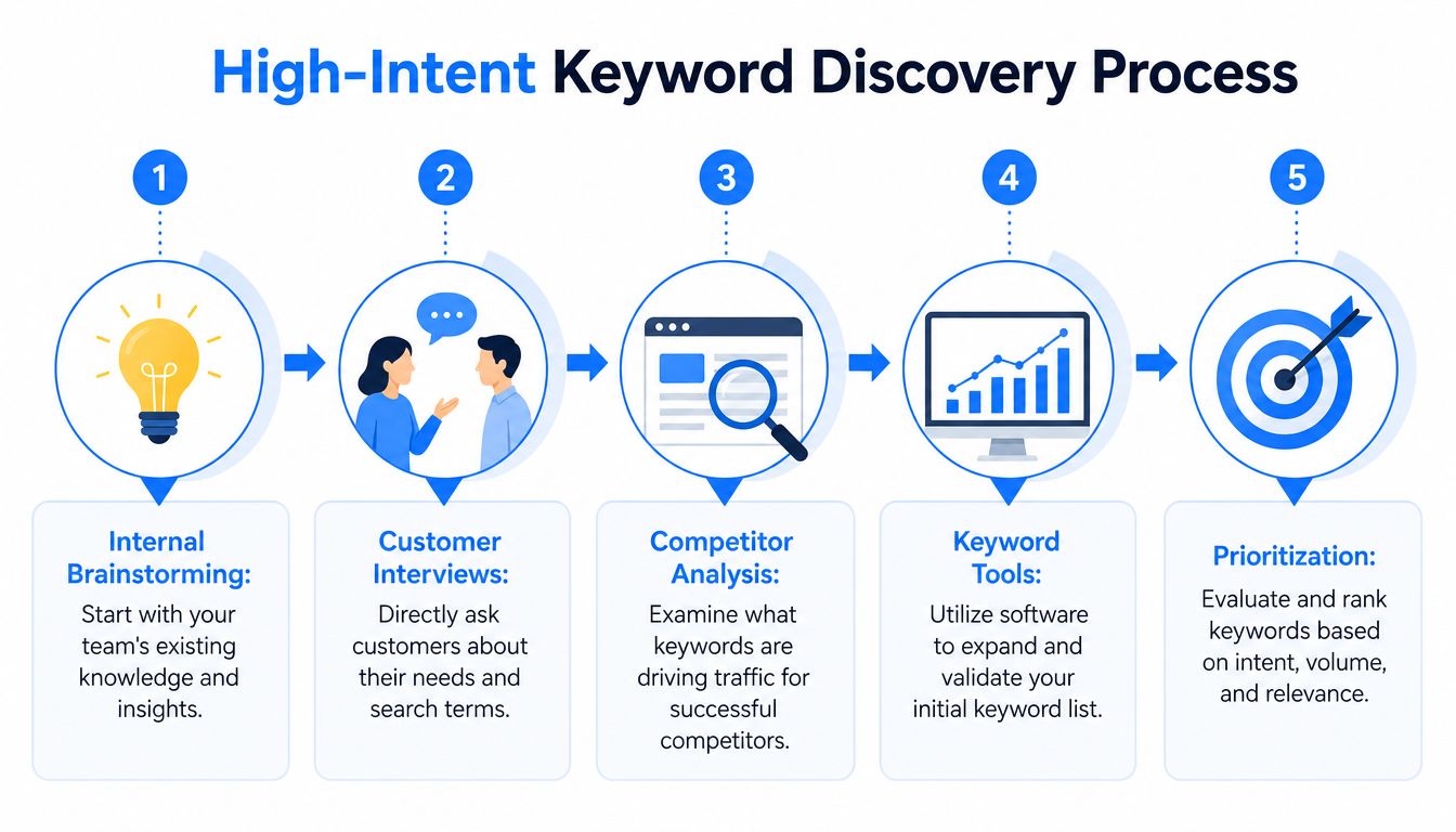 A five-step flowchart illustrating the process of discovering high-intent keywords for marketing and SEO strategies.