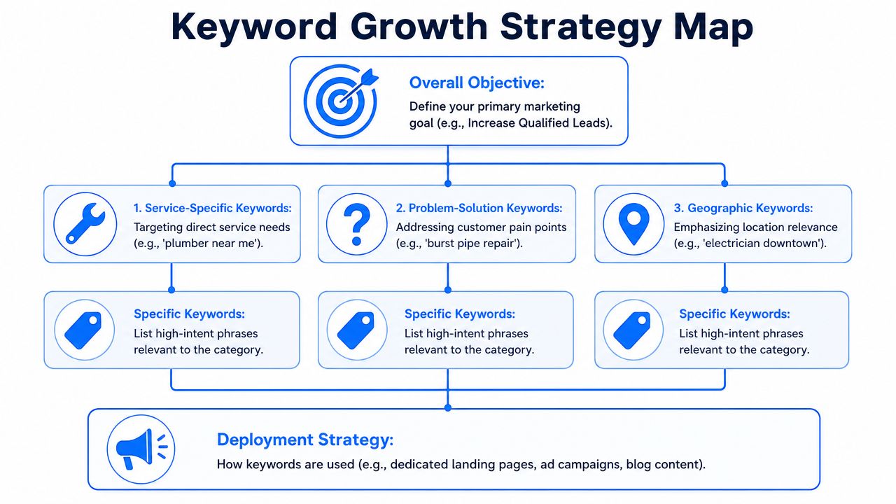 A flowchart showing a Keyword Growth Strategy Map with three main categories for high-intent SEO planning.