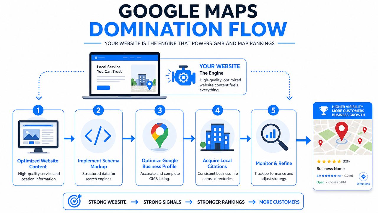 An infographic titled Google Maps Domination Flow showing five steps to improve local SEO and business rankings.