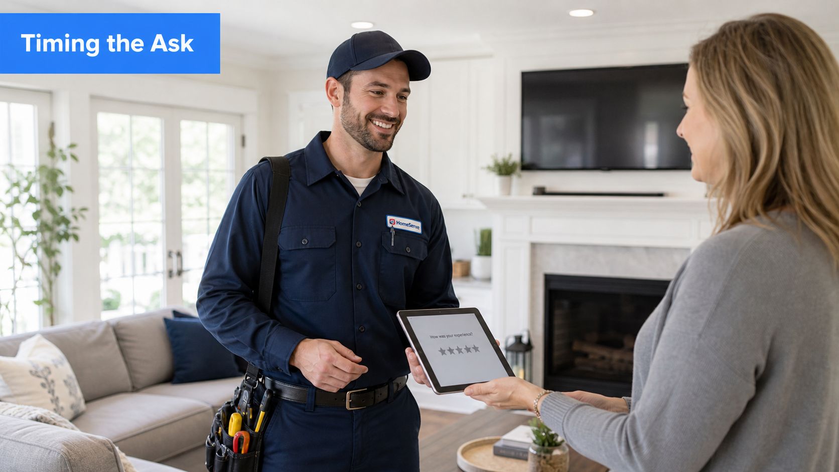 A service technician in a blue uniform presents a customer feedback survey on a tablet.