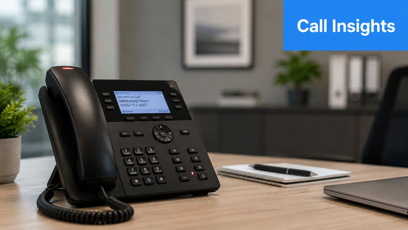 A modern desk phone receiving an incoming call from the Marketing Team on a wooden office desk.