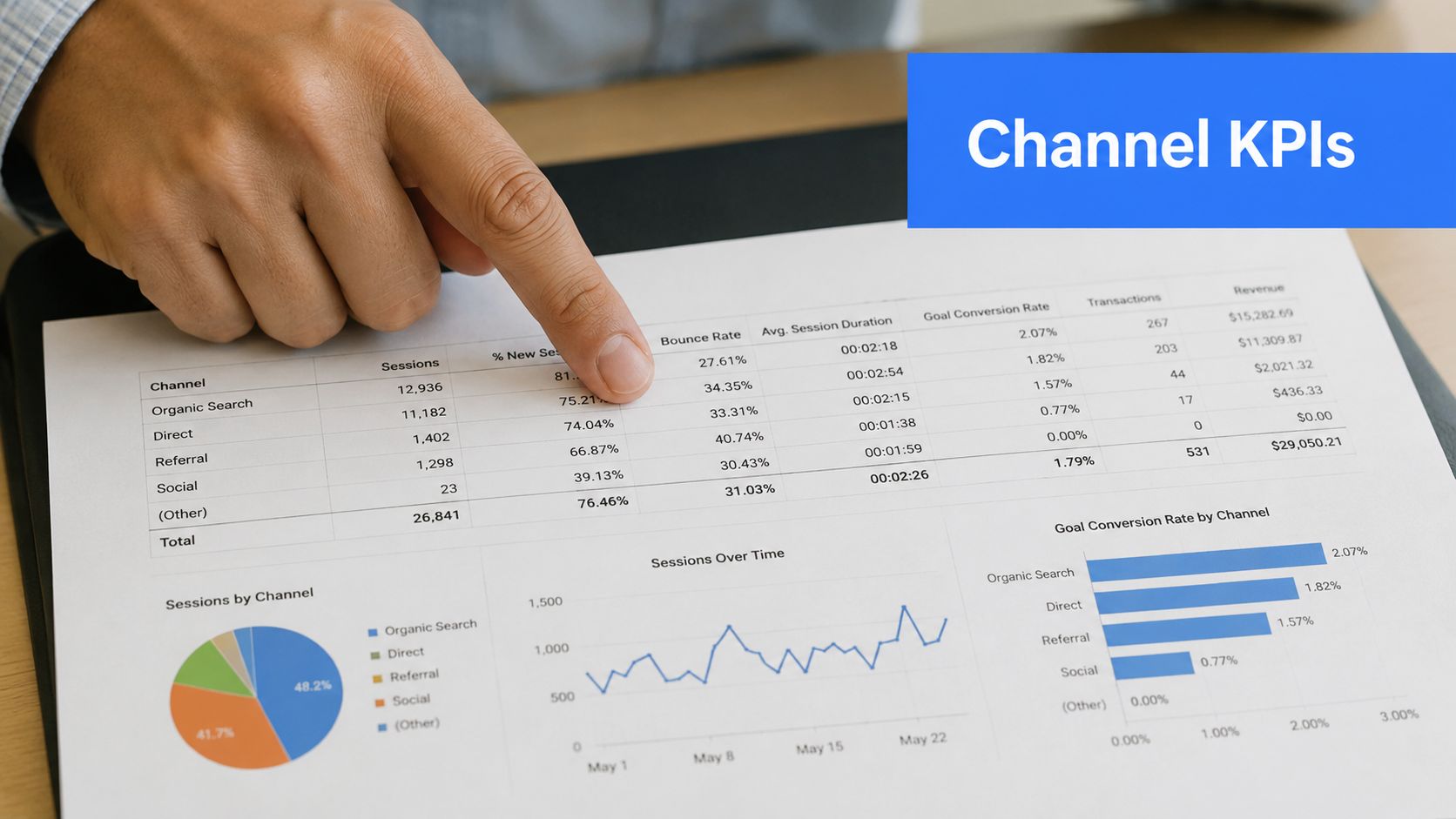 A professional analyzing a digital marketing report showing key performance indicators by traffic source on paper.