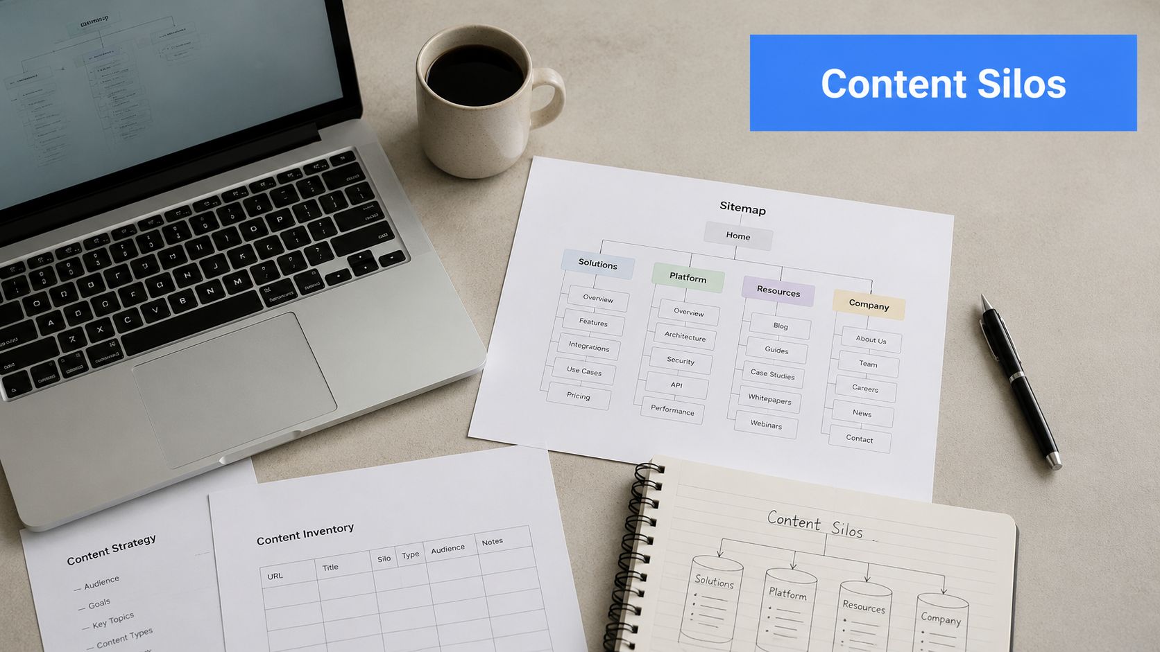 A workspace showing a laptop, a sitemap document, and a notebook illustrating content silos for website planning.