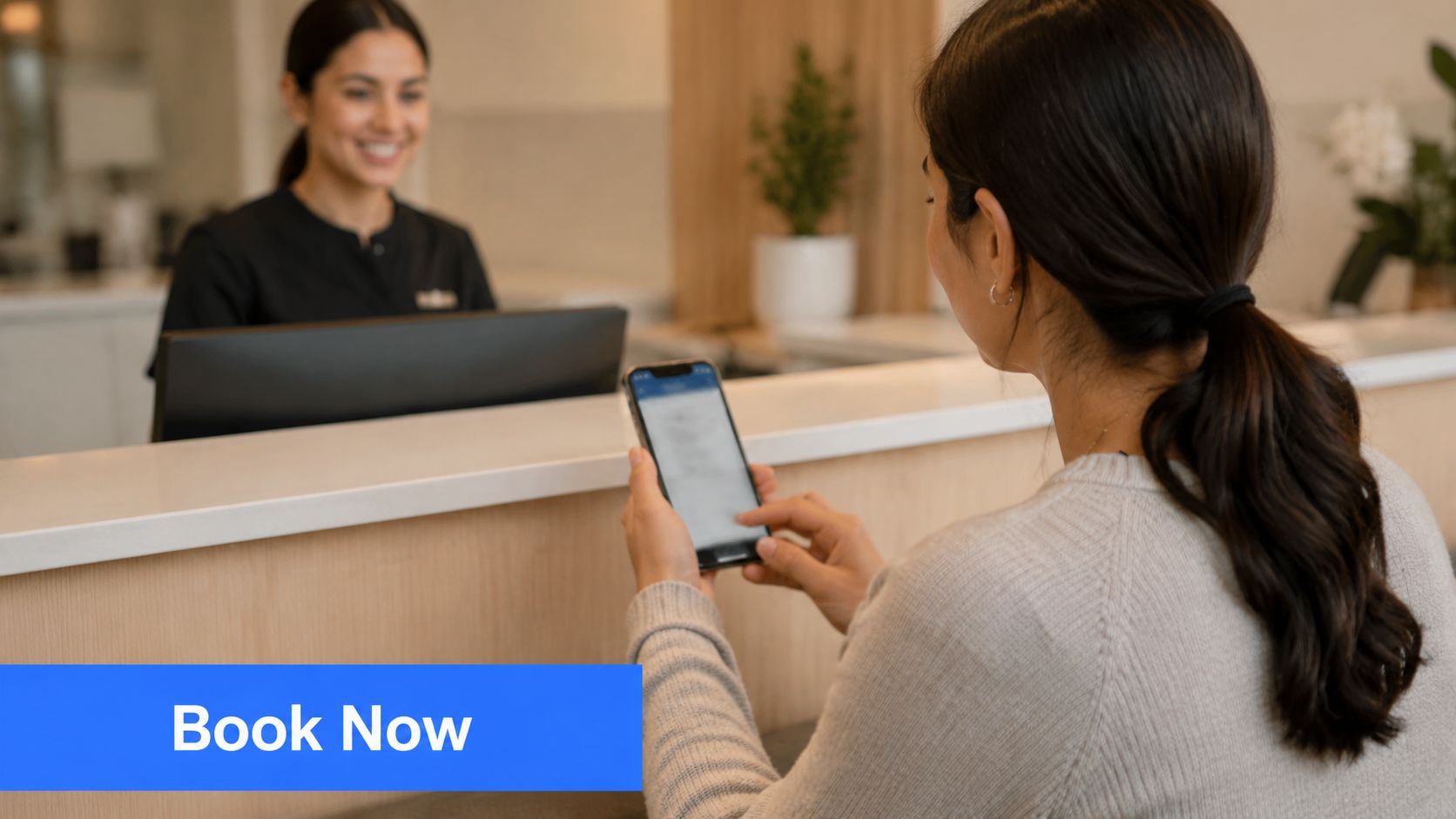 A patient holding a smartphone at a medical office reception desk, preparing for a check-in appointment.