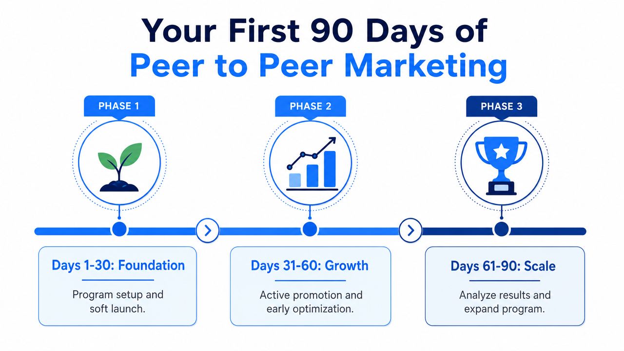 A three-phase timeline infographic illustrating the first 90 days of a peer to peer marketing strategy.