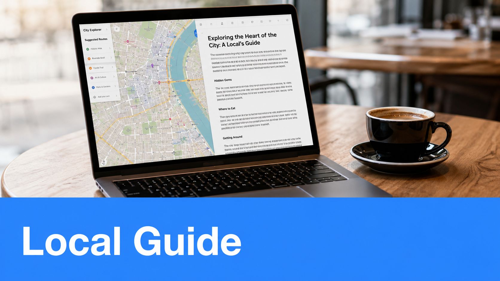 A laptop on a wooden table displaying a local city guide map and article next to coffee.