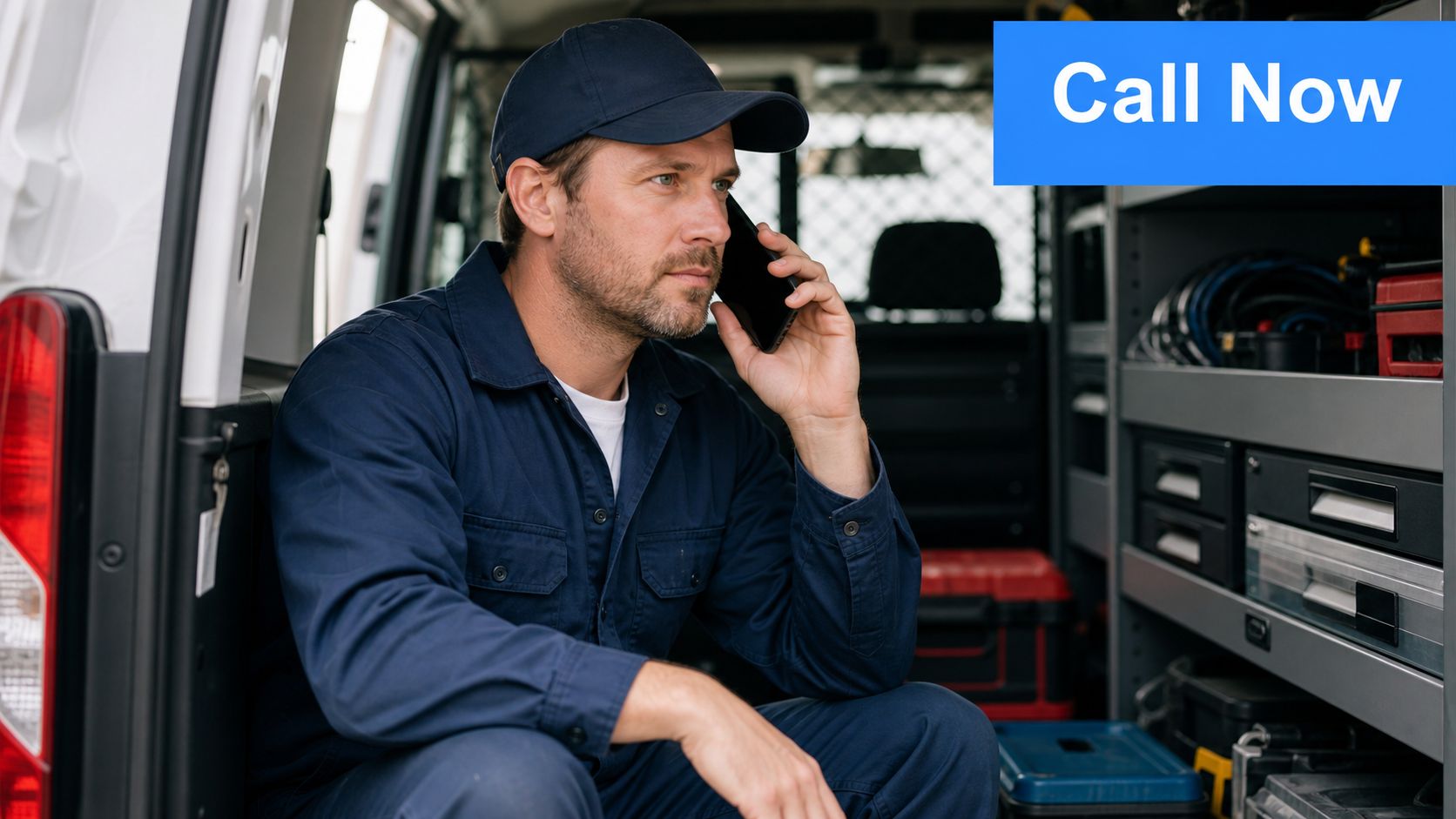 A professional technician in a work uniform making a phone call while sitting inside a service van.
