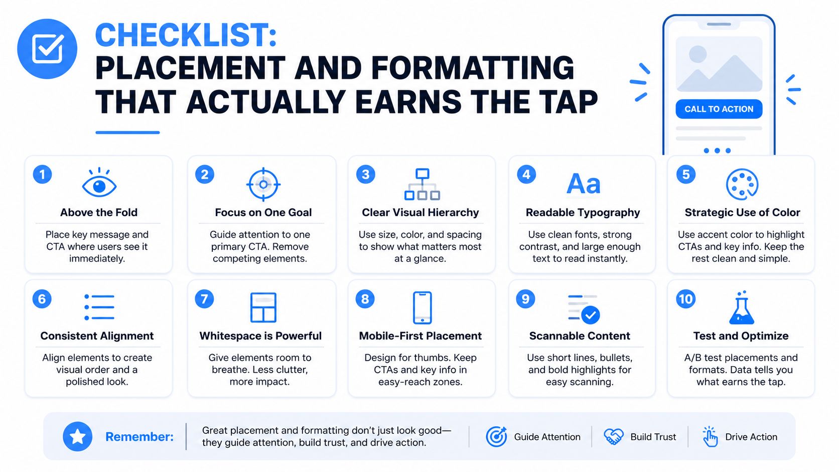 A checklist infographic illustrating ten design tips for optimizing button and CTA placement on mobile websites.