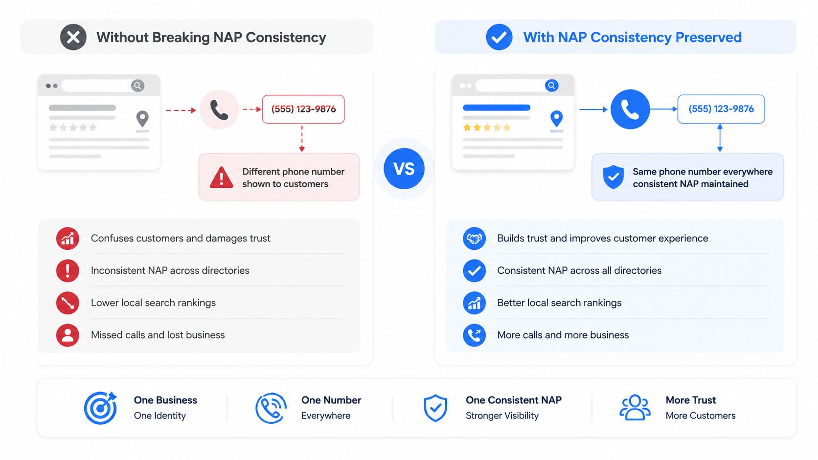An infographic comparing the benefits of consistent NAP phone numbers versus inconsistent NAP across business directories.