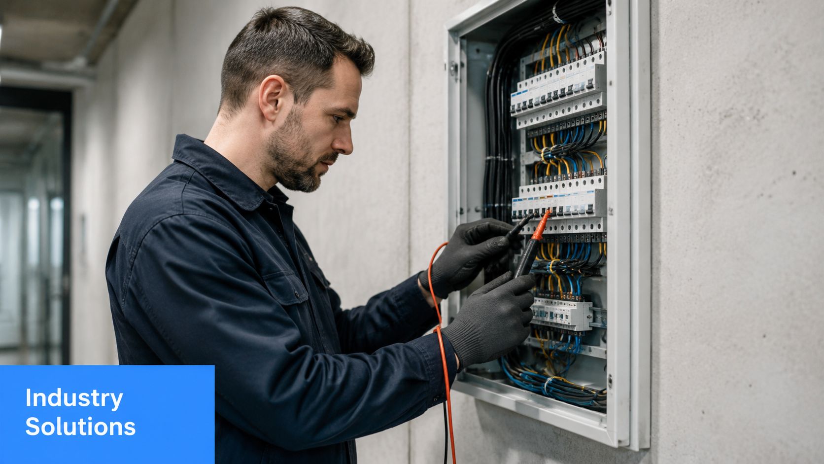 A professional electrician wearing protective gloves tests electrical circuits inside a wall-mounted distribution board.