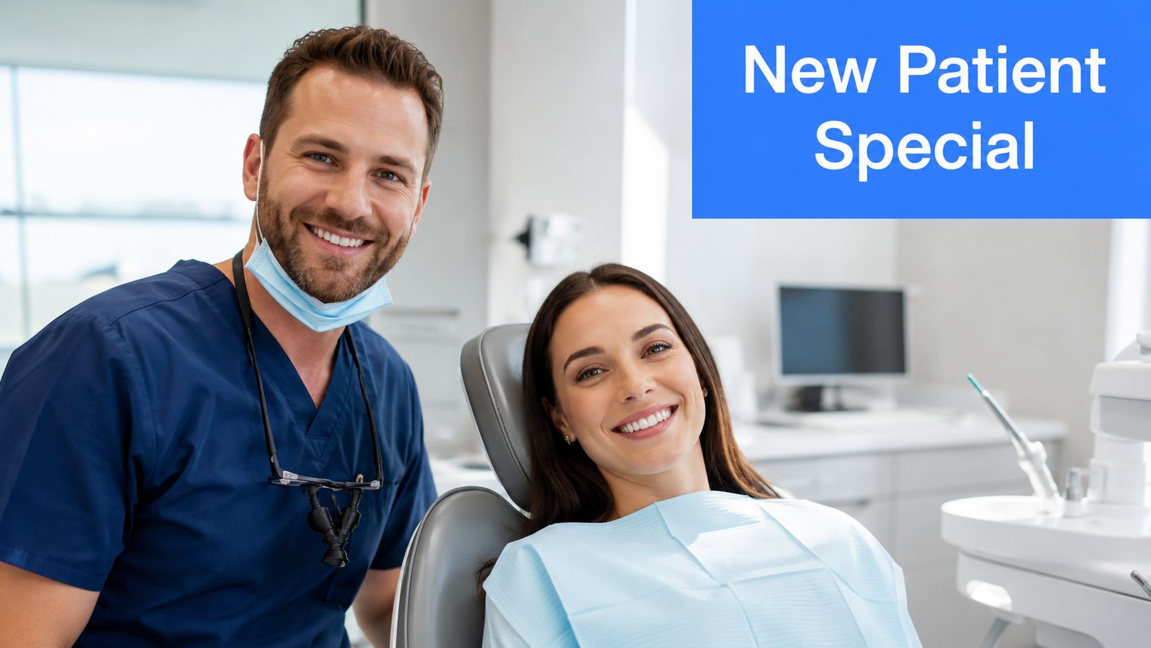 A smiling male dentist in scrubs standing next to a female patient sitting in a dental chair.