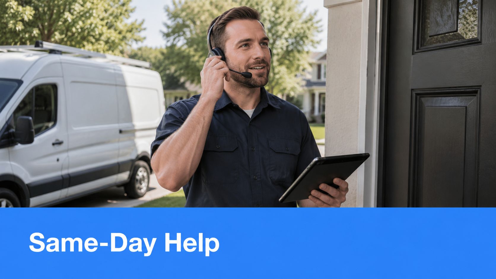 A service technician with a headset and tablet standing at a customer's front door with a van.