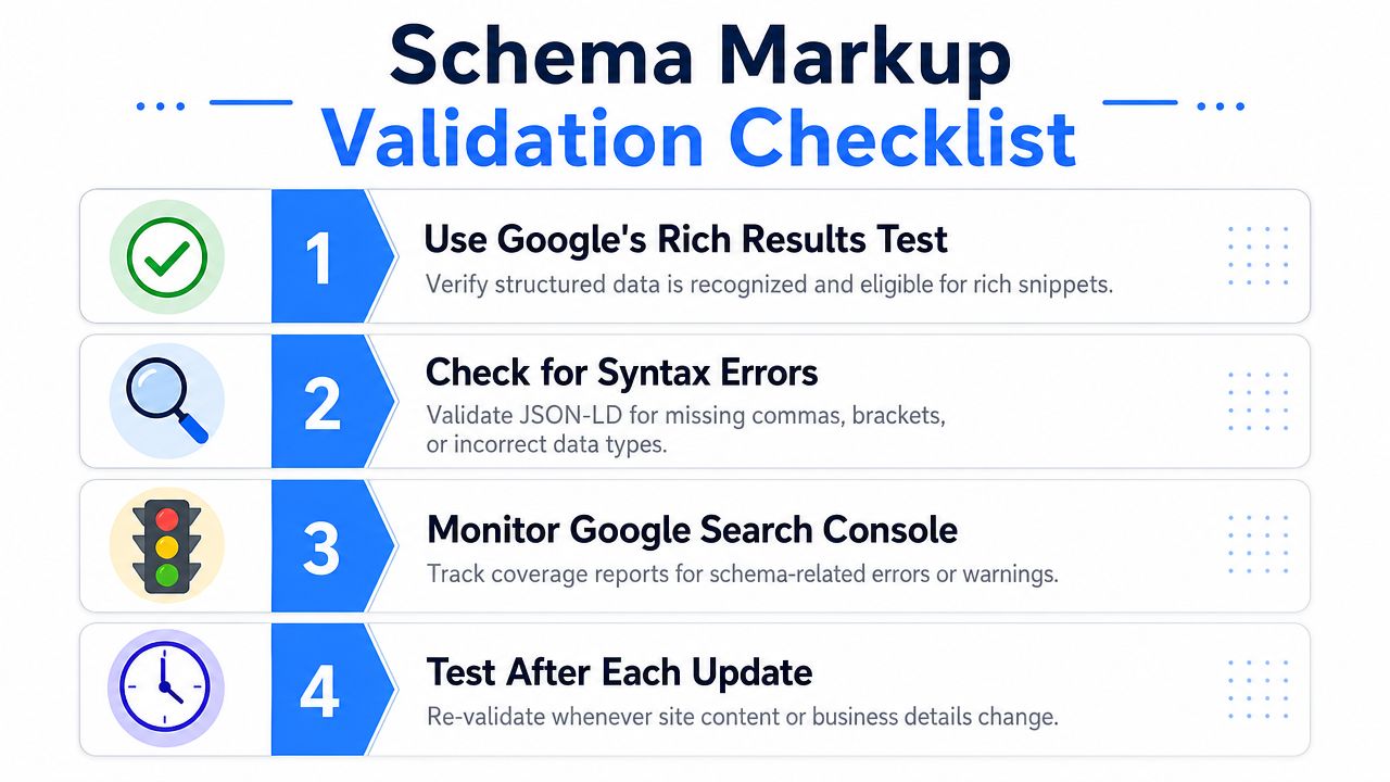 A four-step checklist for validating schema markup, including testing tools, syntax checking, monitoring, and regular updates.