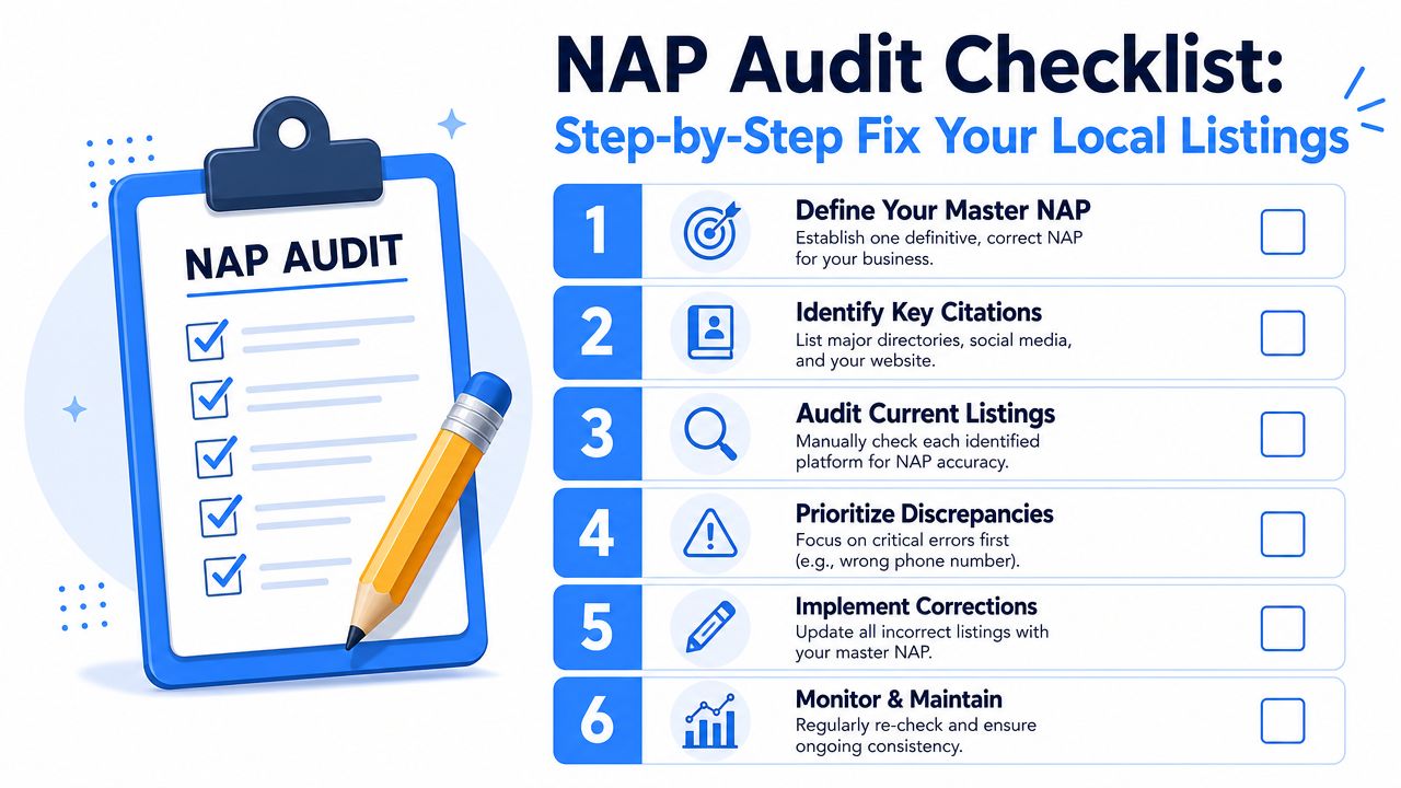 A visual guide illustrating a six-step checklist for conducting a local business NAP audit for SEO optimization.