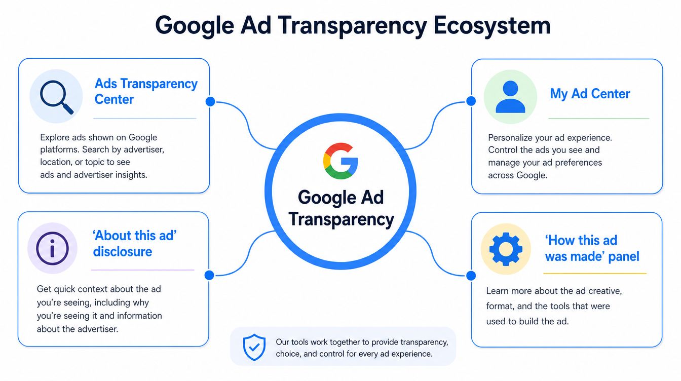 A diagram illustrating the Google Ad Transparency ecosystem, including key features like My Ad Center and transparency tools.