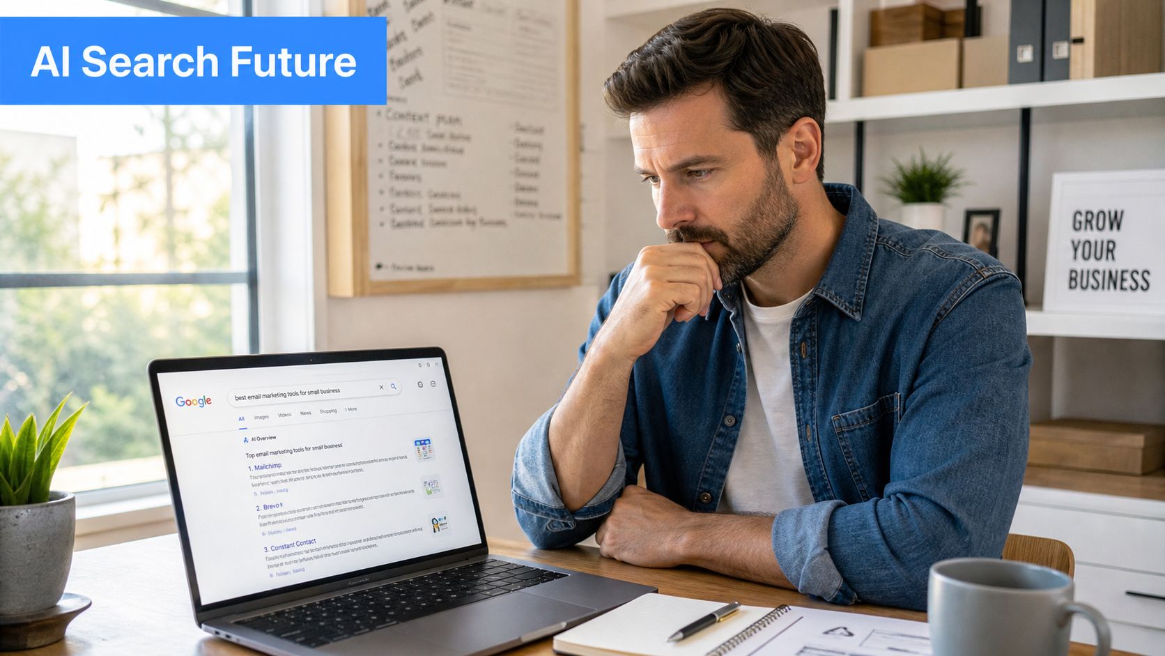 A focused man analyzing search results for email marketing tools on his laptop in a modern office.