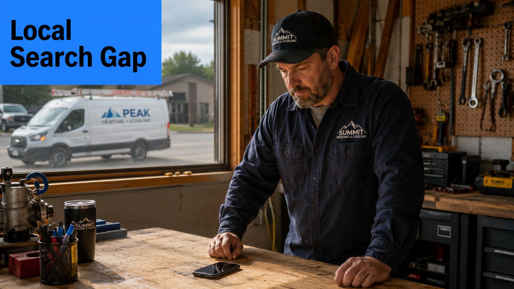 A HVAC technician looking at his smartphone while standing in a workshop with tools and supplies.