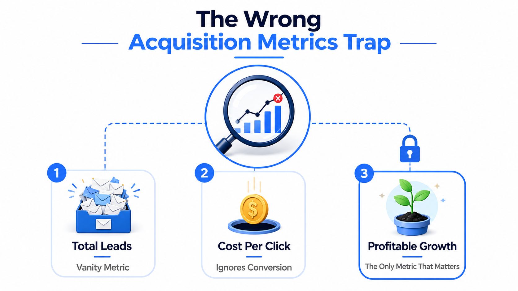 A diagram titled The Wrong Acquisition Metrics Trap, showing leads and cost per click versus profitable growth.