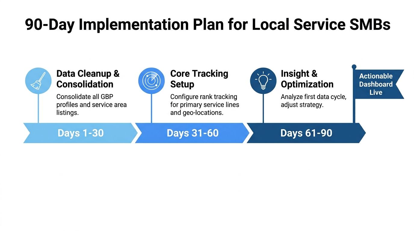 A 90-day implementation plan graphic for local service SMBs, highlighting data cleanup, tracking setup, and optimization.
