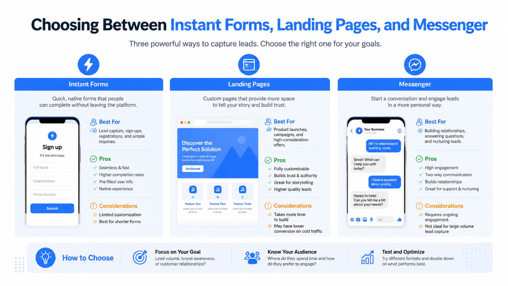 A comparison chart explaining the differences between using Instant Forms, Landing Pages, and Messenger for lead generation.