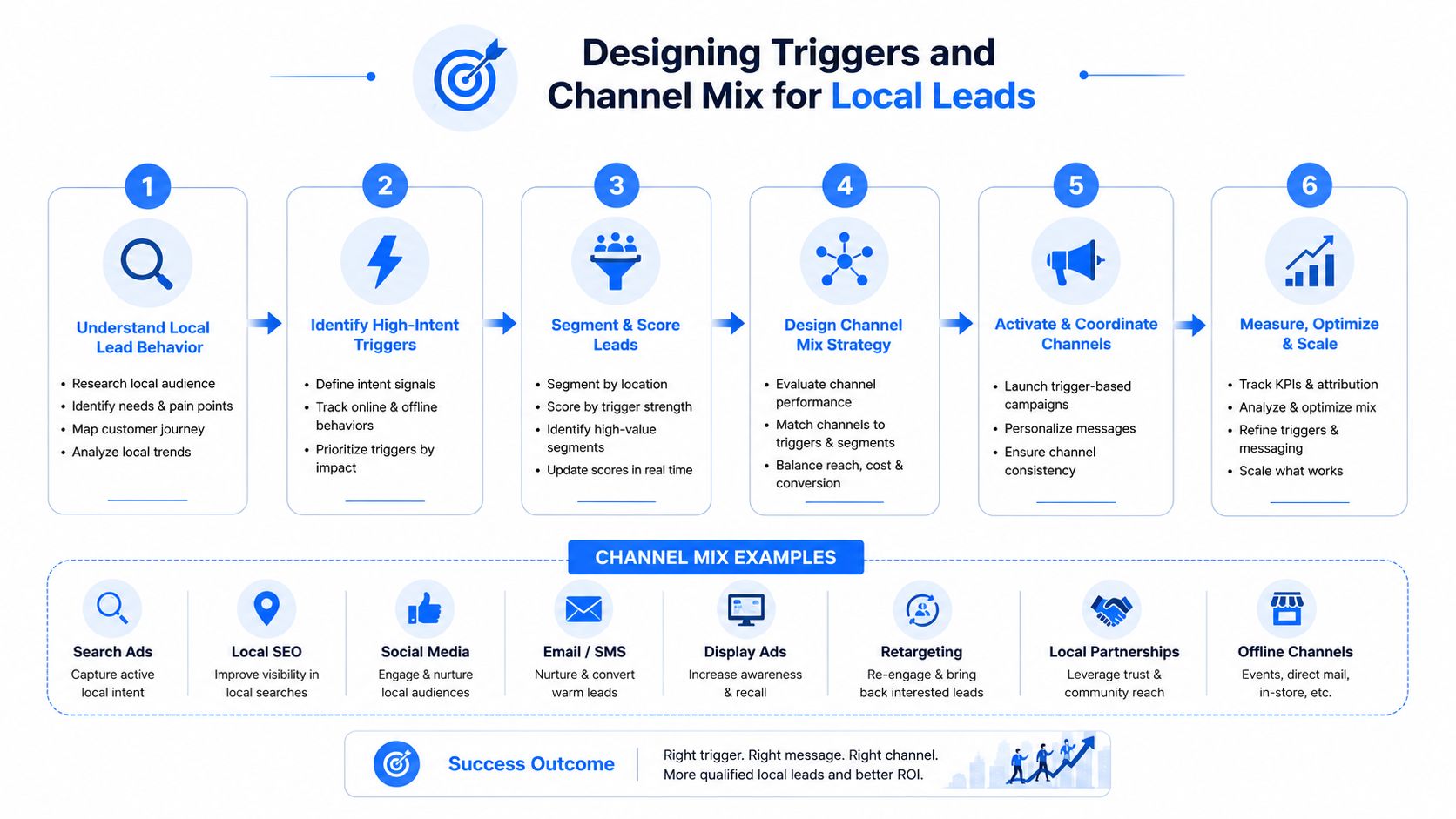 A diagram outlining a six-step process for designing local lead generation triggers and multi-channel marketing strategies.