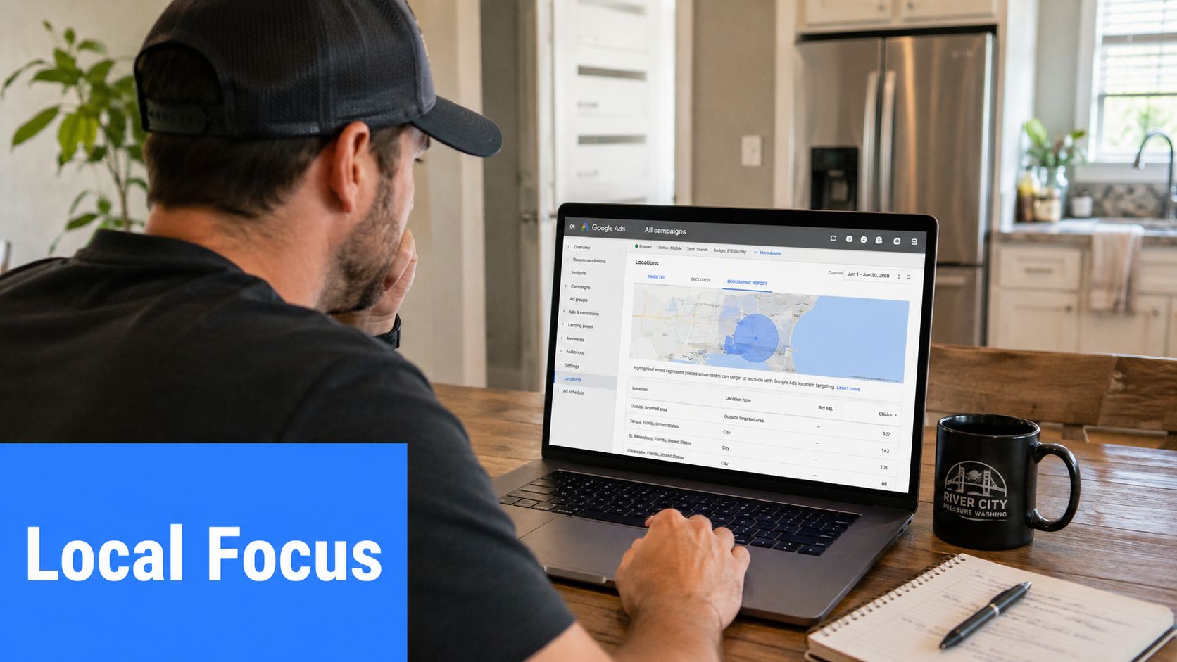 A man wearing a baseball cap reviews Google Ads location targeting campaign data on a laptop screen.