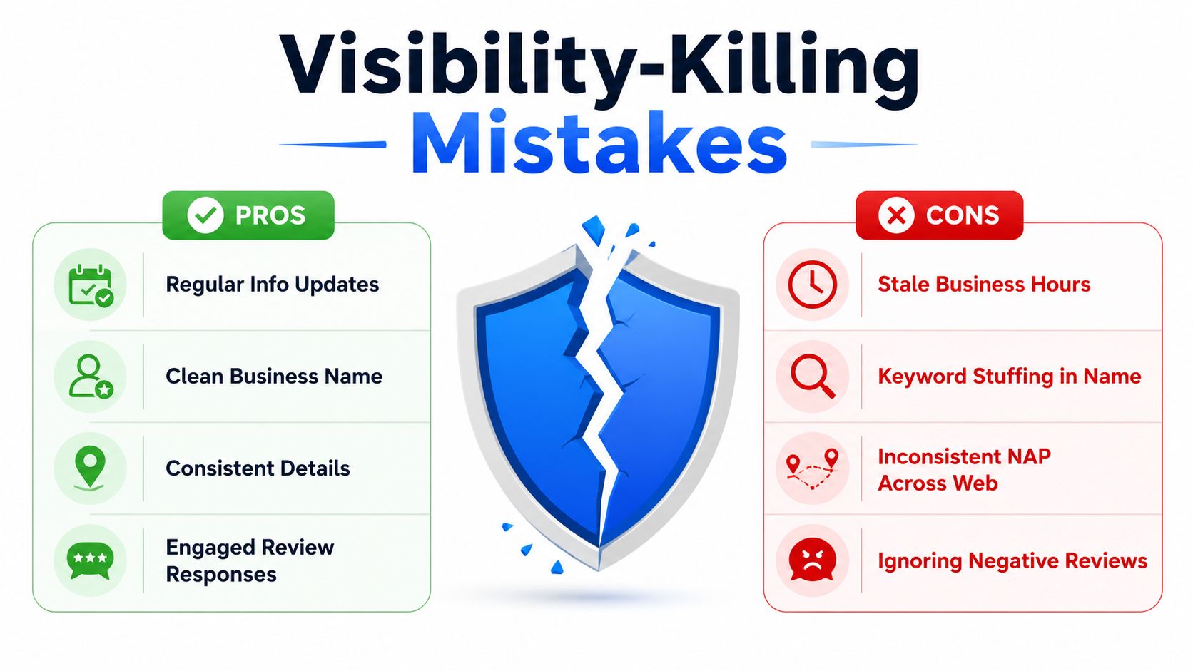 A comparison chart showing positive practices versus visibility-killing mistakes for business profiles, presented with icons and labels.