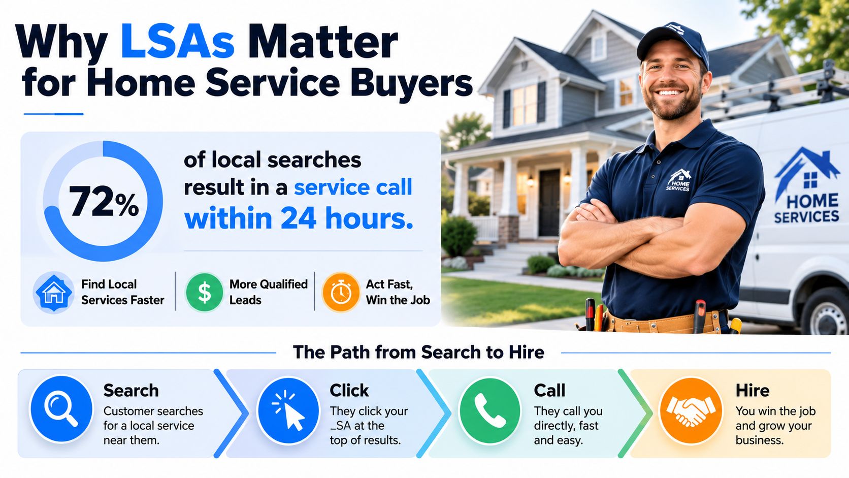 An infographic explaining the benefits of Google Local Services Ads for home service businesses, illustrating the conversion process.