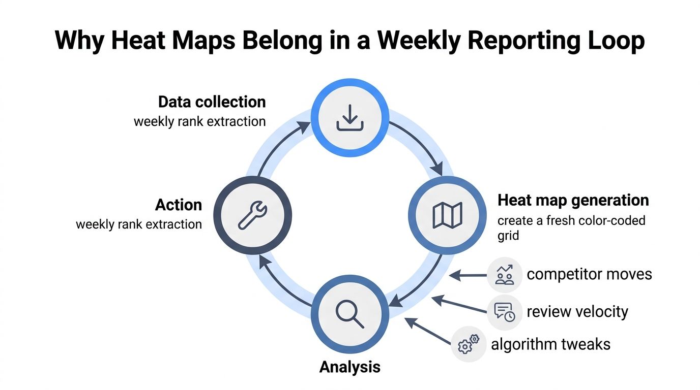 A cyclical diagram illustrating the four steps of a weekly reporting loop using heat maps.