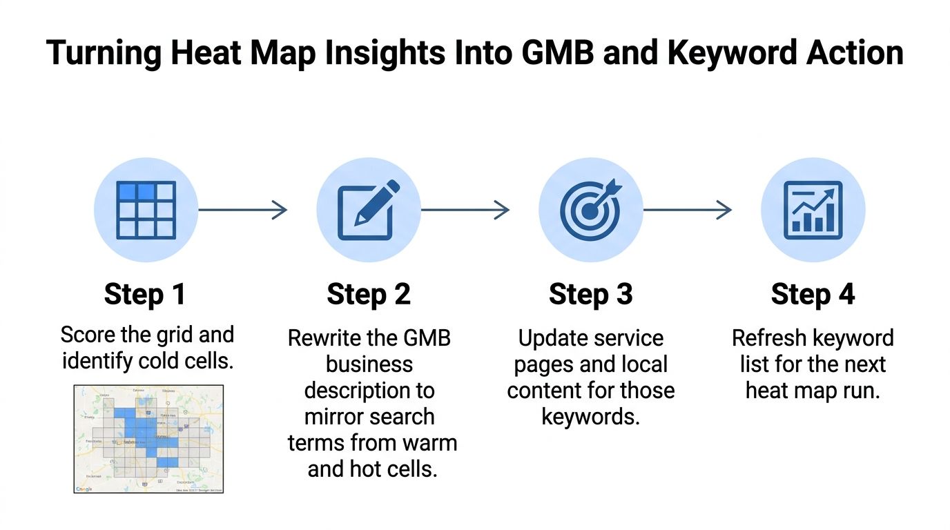 A four-step infographic illustrating how to optimize business strategy using Google Maps heat map data analysis.