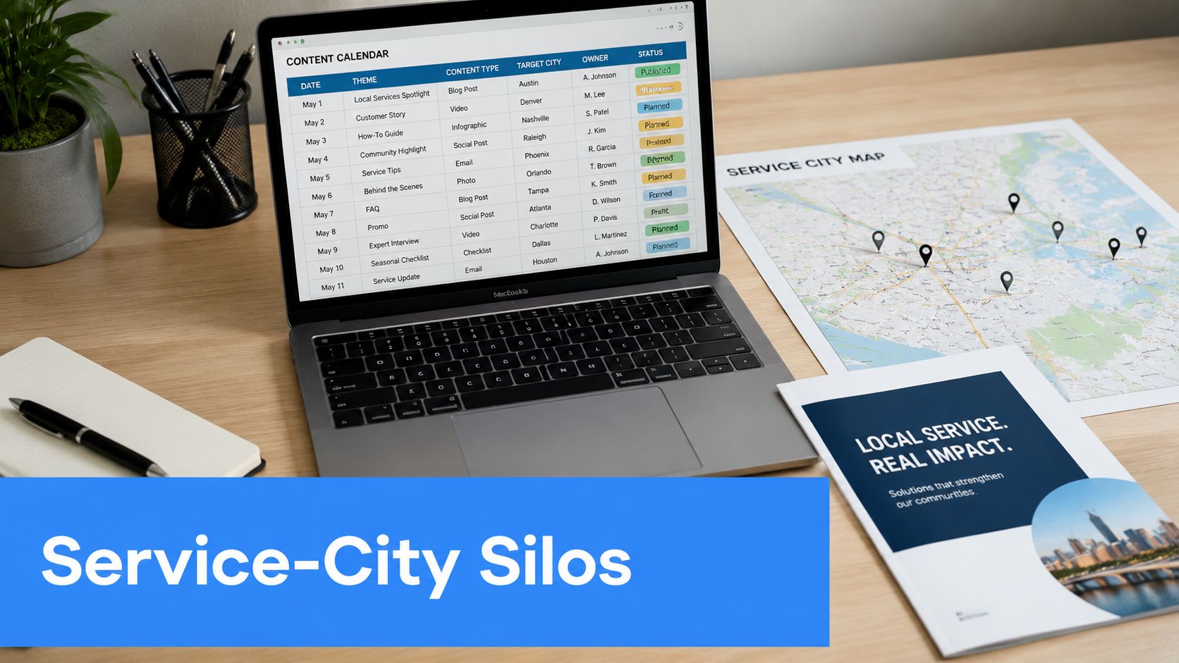 A laptop displays a content calendar next to a service city map and professional marketing collateral.