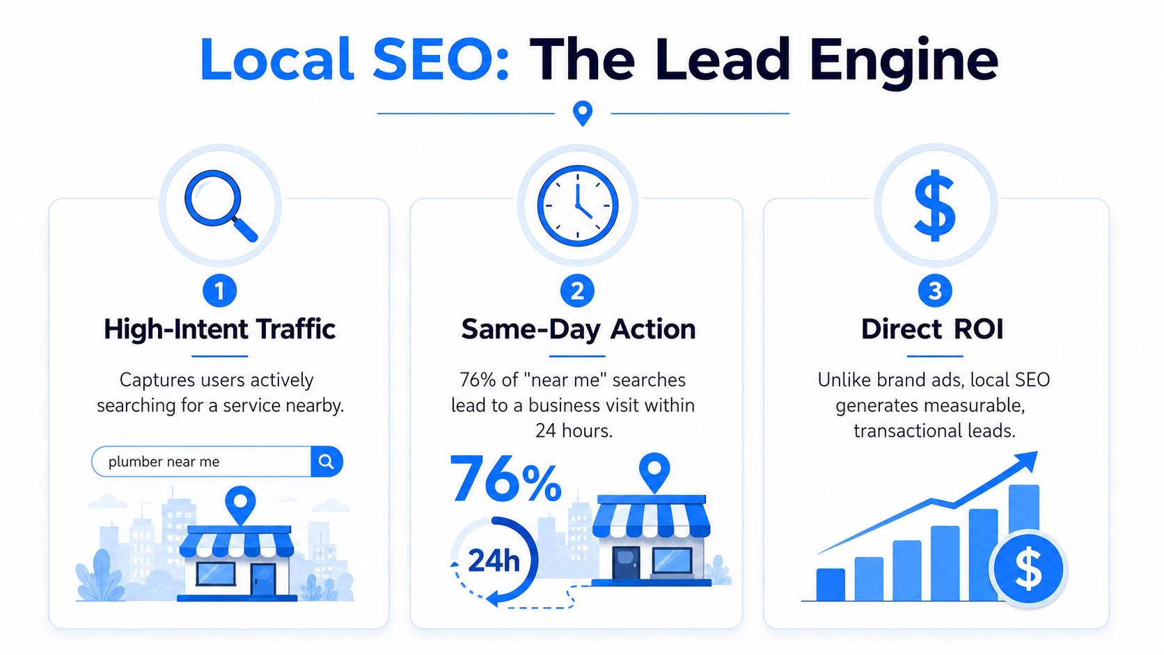 An infographic titled Local SEO: The Lead Engine detailing benefits like high-intent traffic, same-day action, and direct ROI.