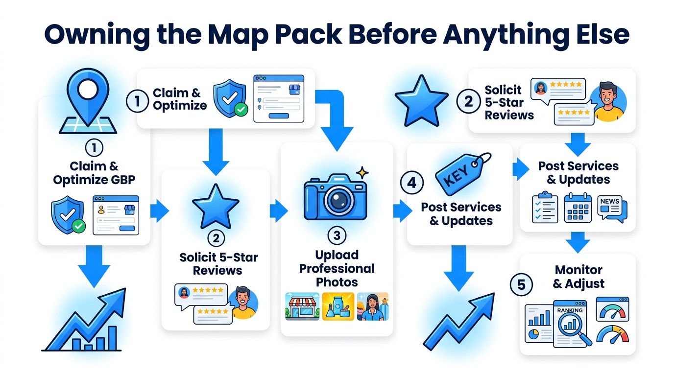 A flow chart illustrating five key steps to optimize a Google Business Profile for map pack ranking.