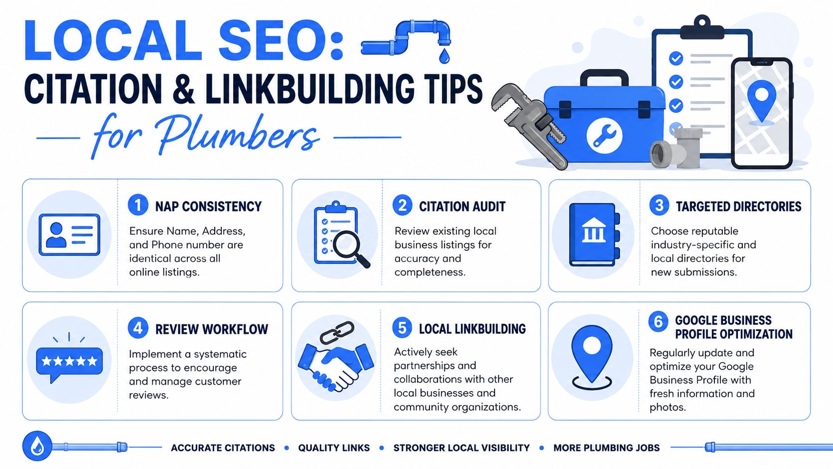A professional infographic outlining six essential local SEO, citation, and link-building tips specifically for plumbing companies.