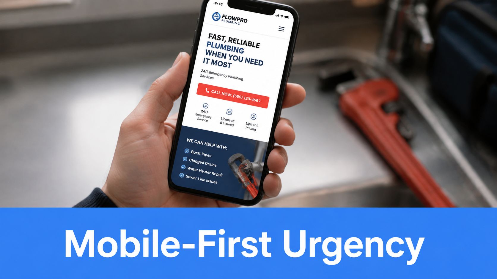 A hand holding a smartphone displaying a mobile-first plumbing service website with emergency contact information prominently.