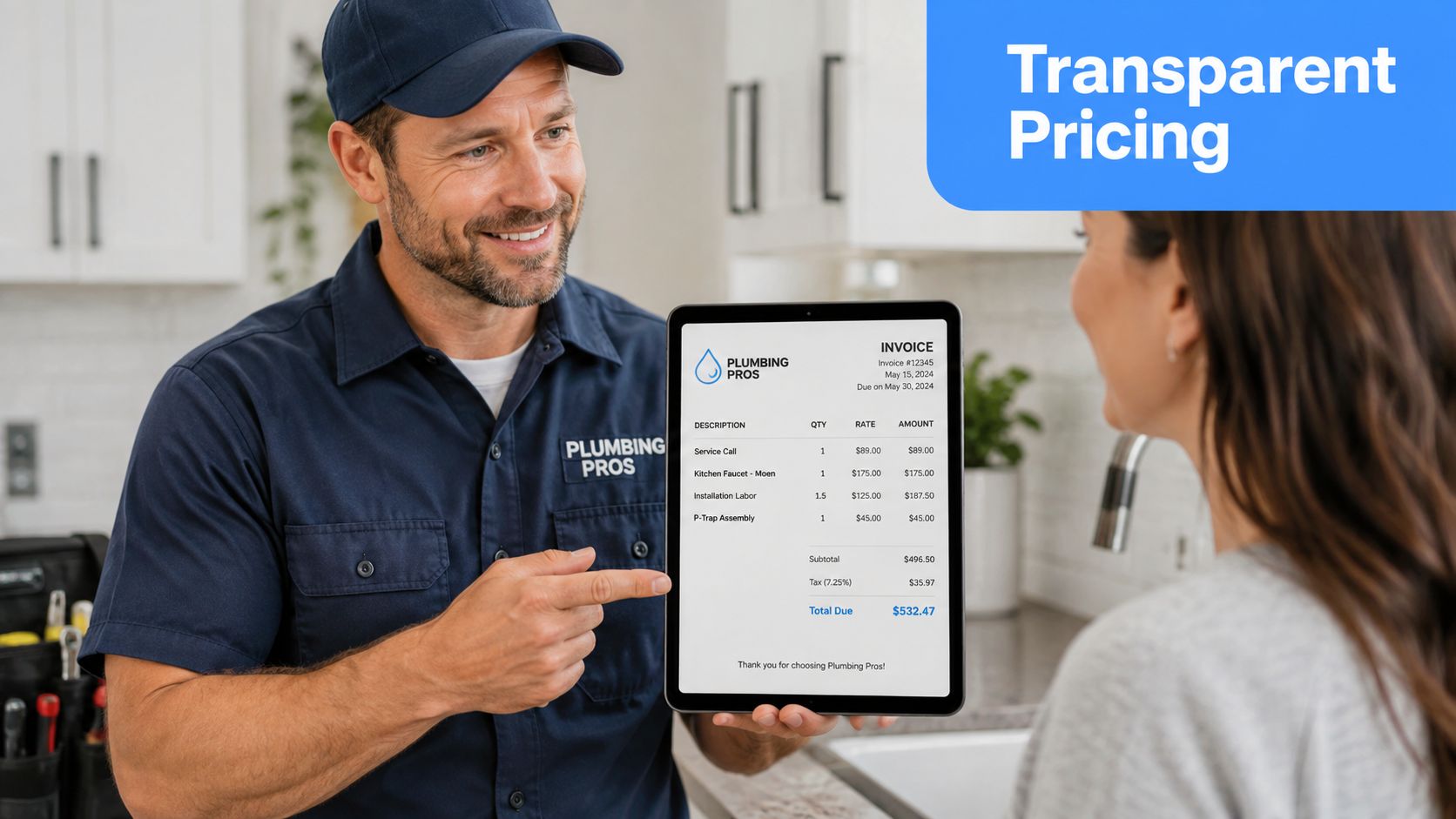 A professional plumber in a navy uniform showing a digital tablet invoice to a customer in a kitchen.