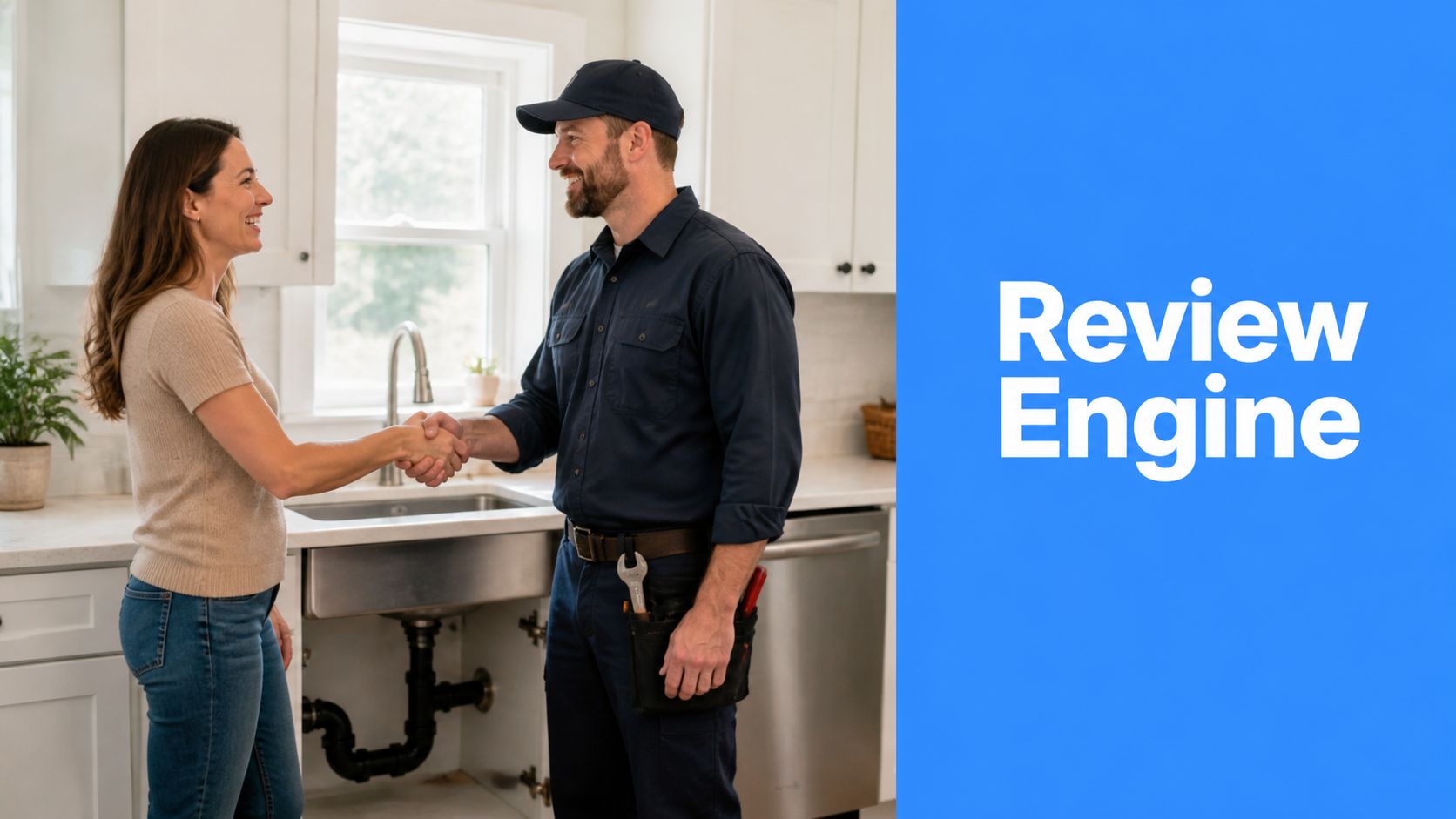 A professional plumber in uniform shaking hands with a satisfied female homeowner in a bright kitchen.