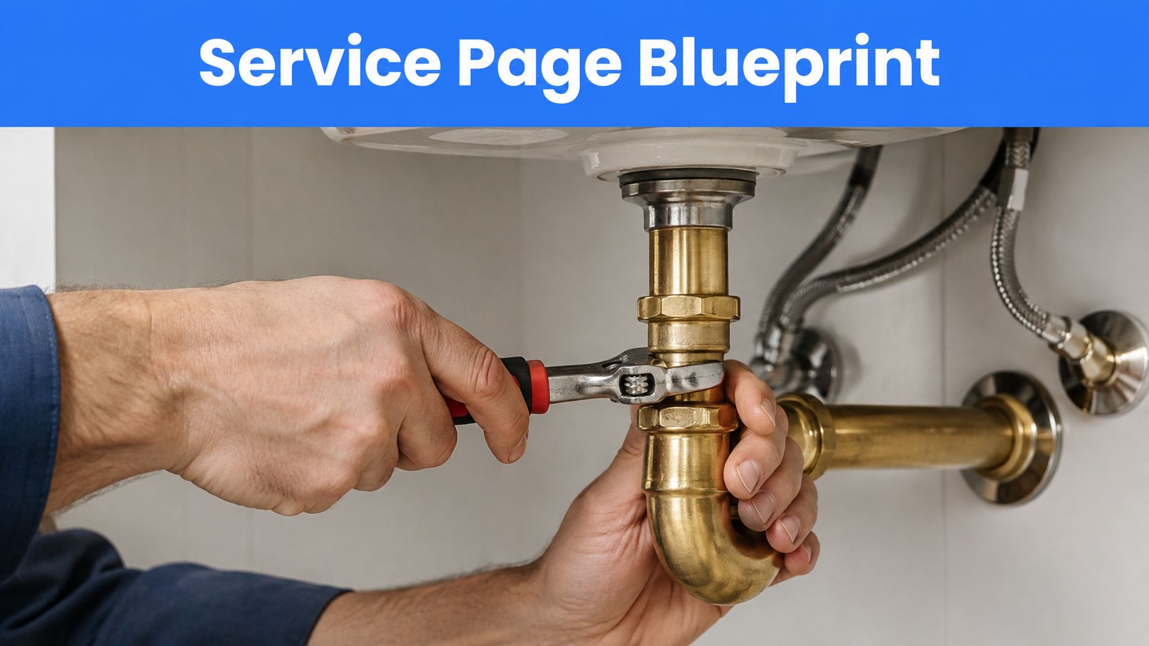 A professional plumber using an adjustable wrench to repair a metal sink drain pipe under a basin.