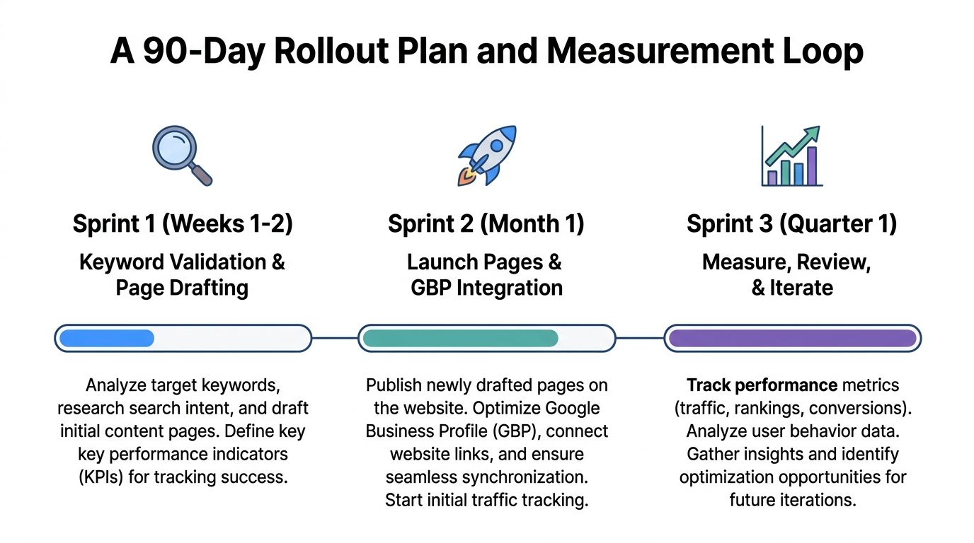 A 90-day rollout plan infographic showing three sprints for keyword validation, page launches, and performance review.