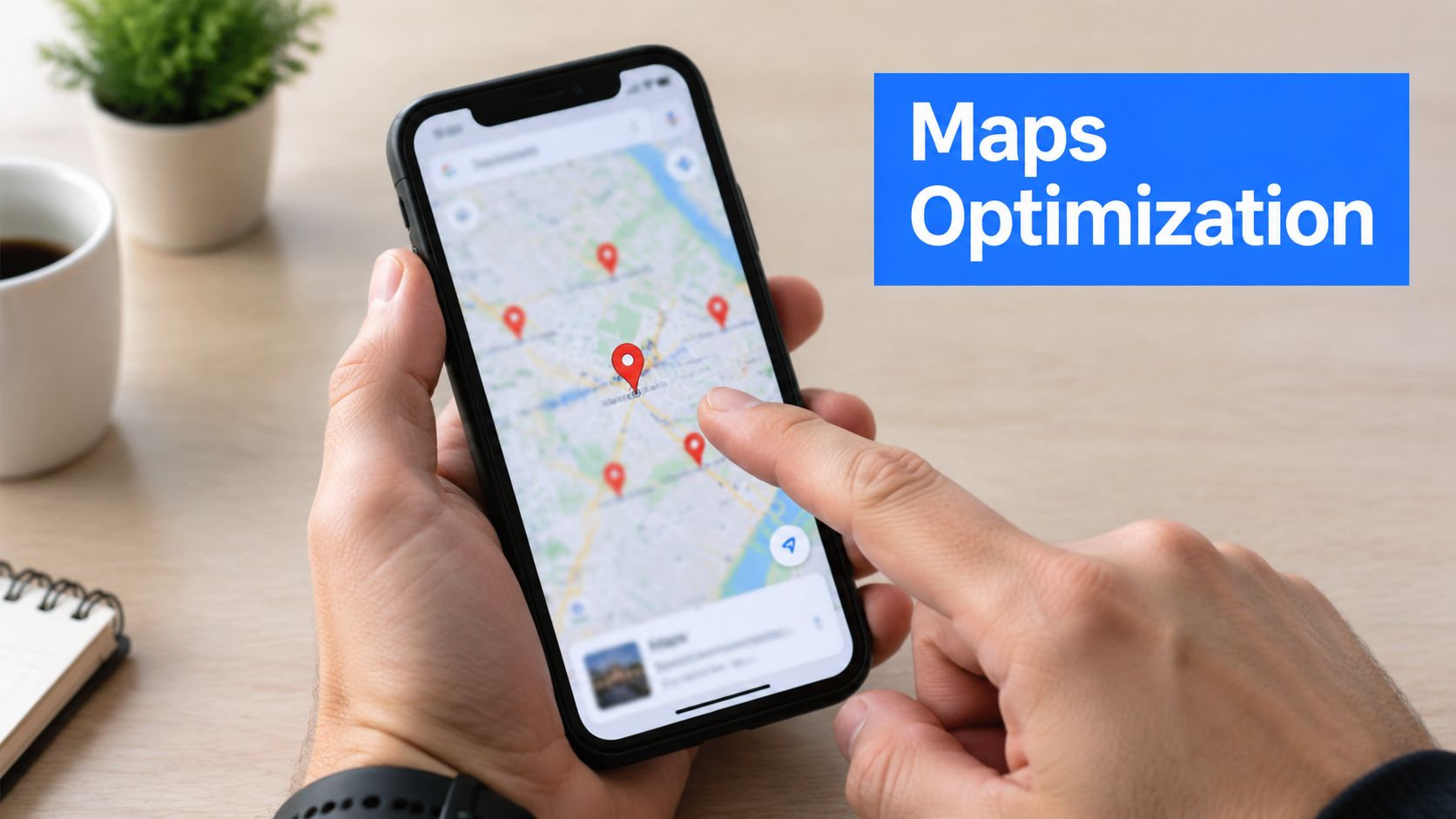 A person using a smartphone to view a digital map with multiple location pins on screen.