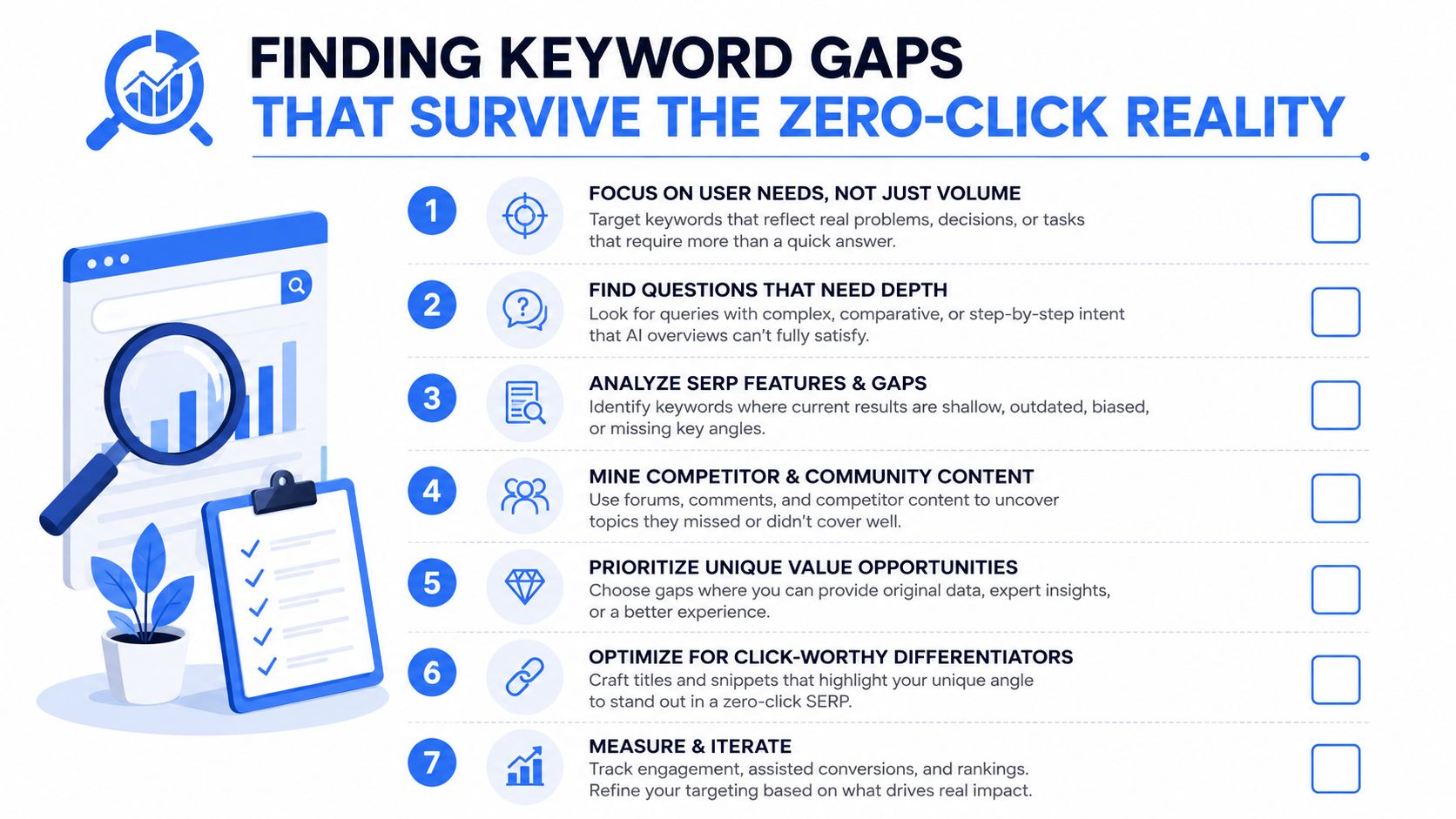 A checklist infographic titled Finding Keyword Gaps That Survive The Zero-Click Reality with seven actionable steps.