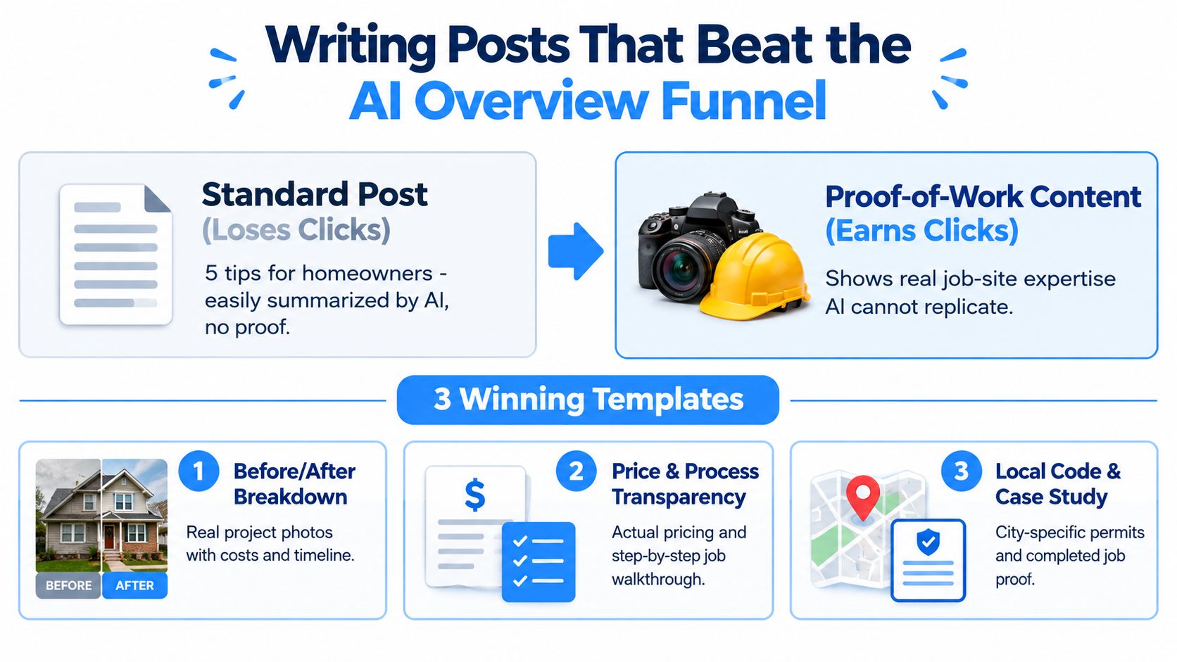 An infographic showing strategies for contractors to create content that earns clicks instead of losing them.