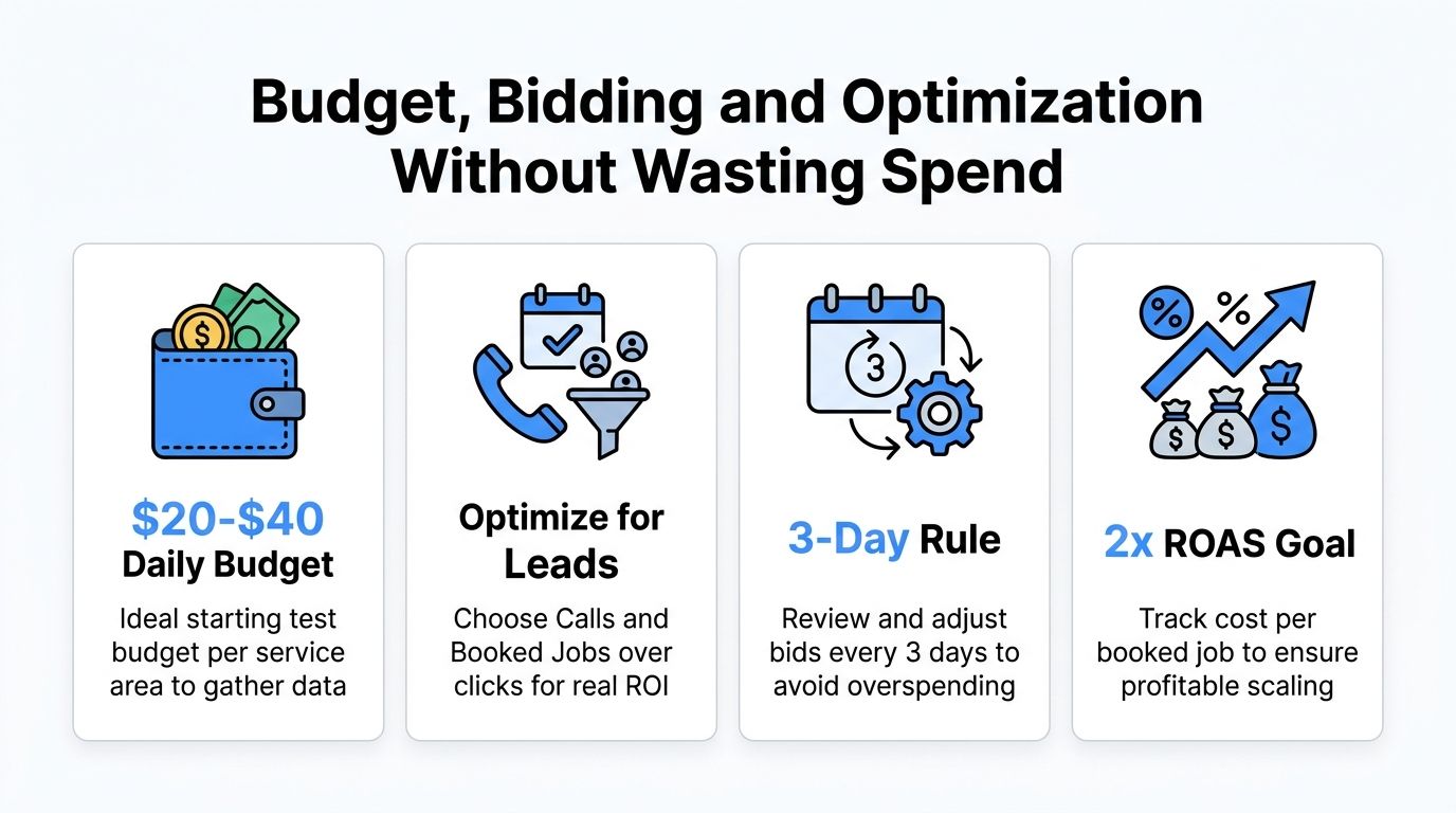 A guide on budget, bidding, and optimization strategies to avoid wasting spend on Facebook ads for plumbers.