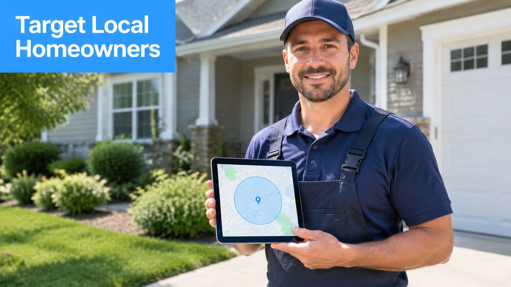 A professional plumber holding a tablet displaying a map showing a local radius for targeting homeowners.