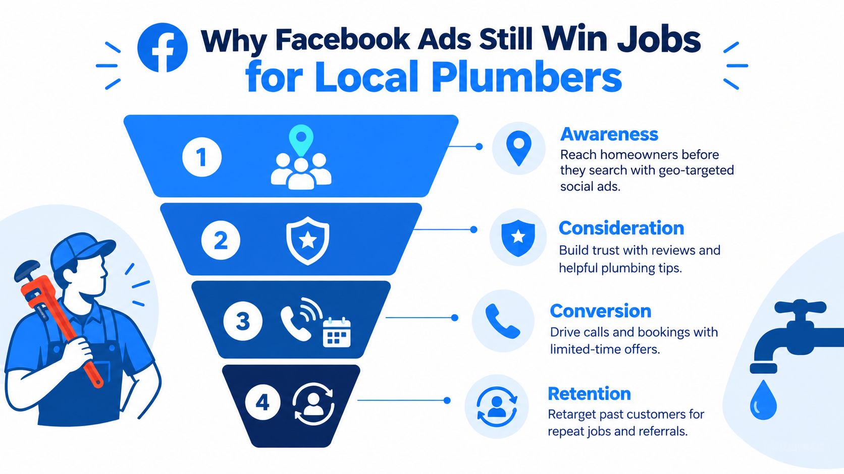 A funnel infographic explaining how Facebook ads help local plumbers gain jobs through four key marketing stages.