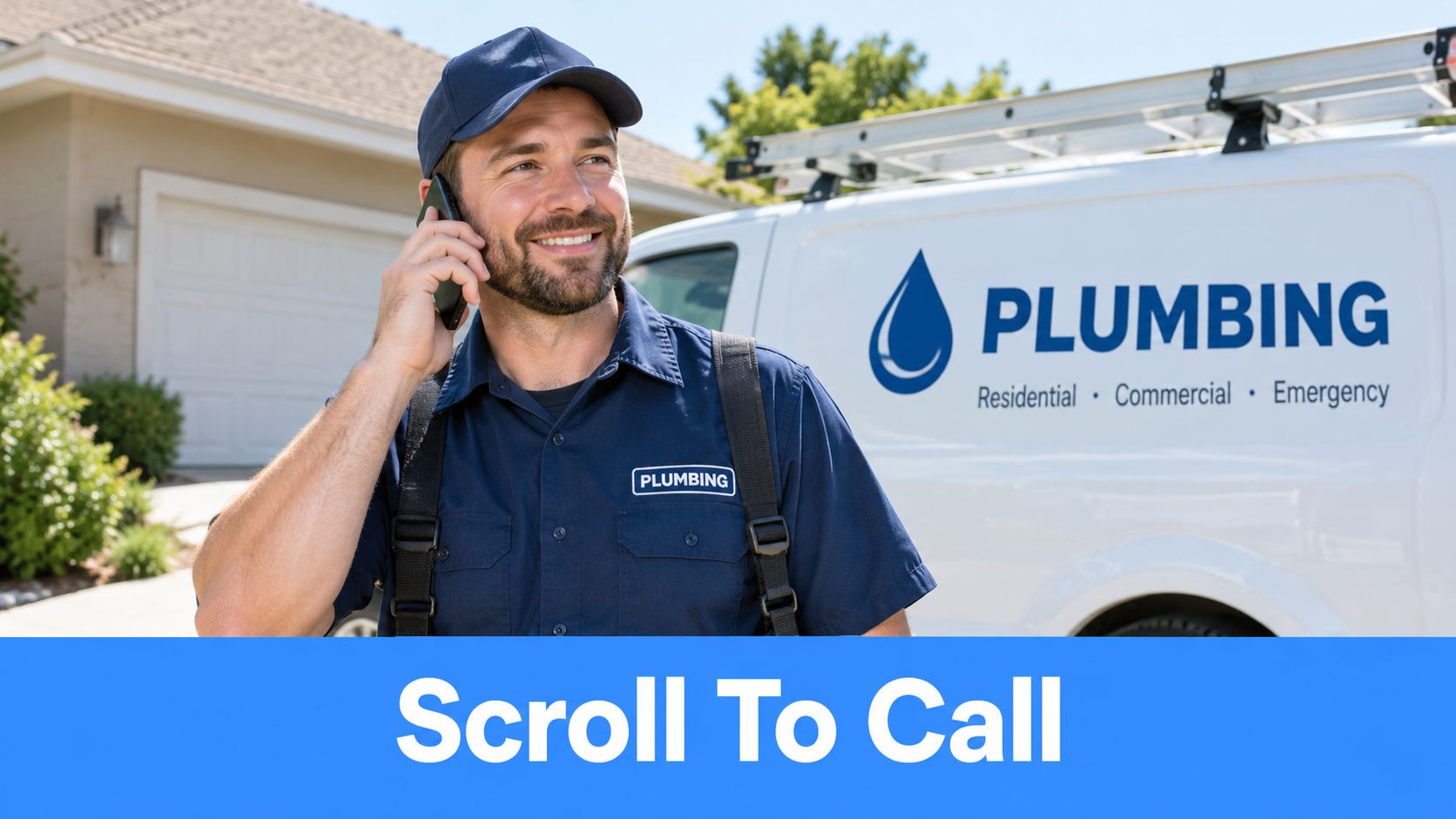 A professional plumber wearing a blue uniform talking on a mobile phone in front of a service van.