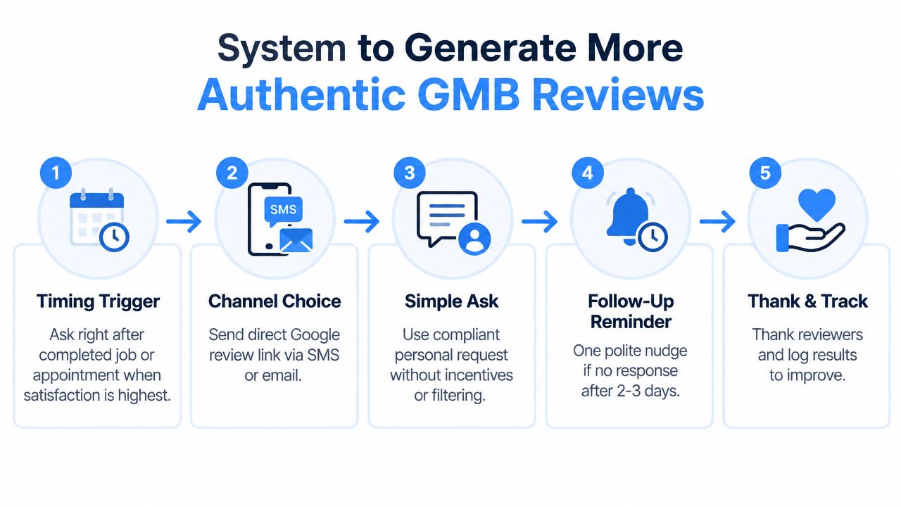 A five-step flowchart illustrating a professional strategy to generate authentic Google Business Profile customer reviews.