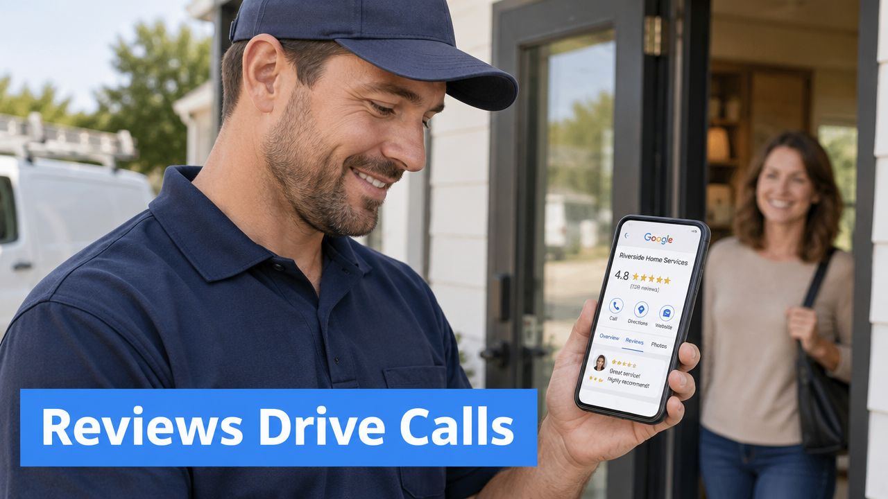 A service technician shows a customer positive Google My Business reviews on a smartphone screen.