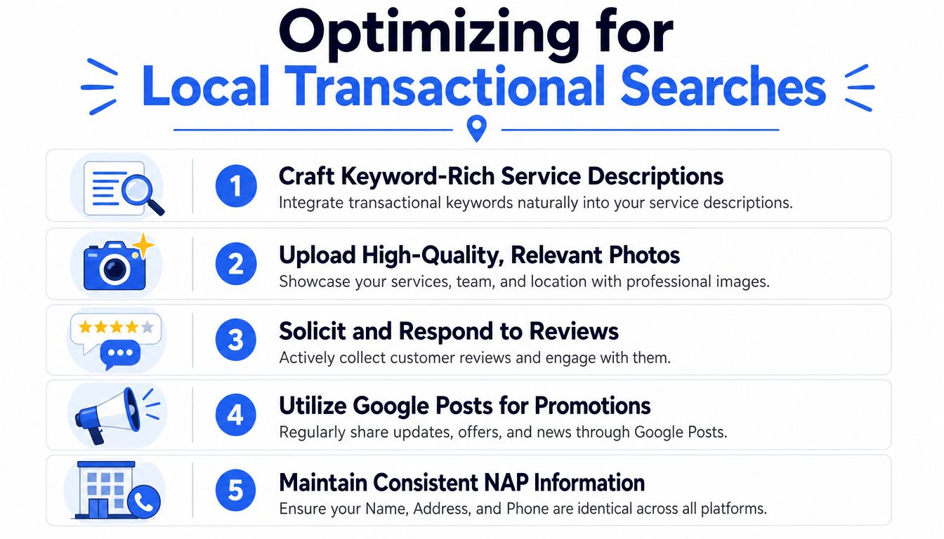 An infographic showing five key steps for optimizing business listings for local transactional search rankings.